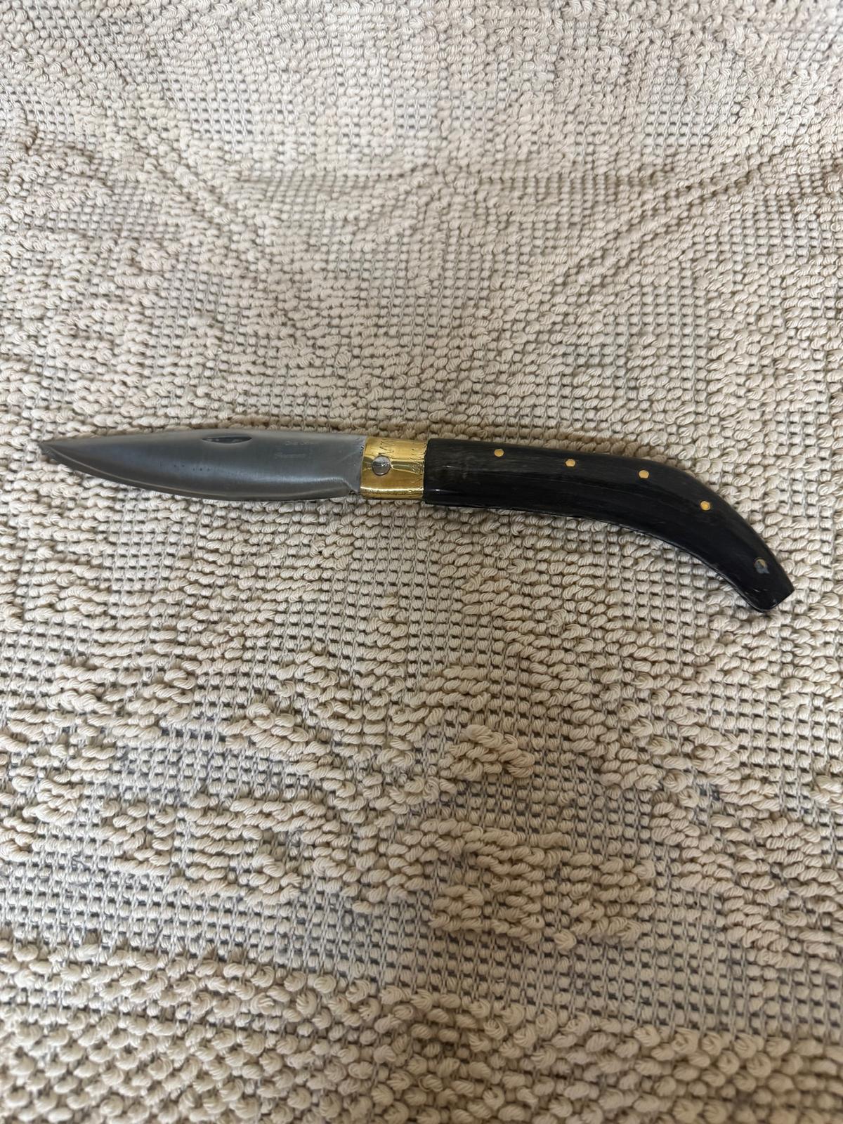 Coltello arburesa,,lama 12 CM ,impugnatura in corno di caprone nero.