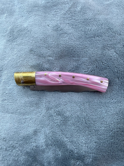 Coltello  pattadese con anima decorata lama 10,5 cm ,impugnatura in kirinite rosa perla