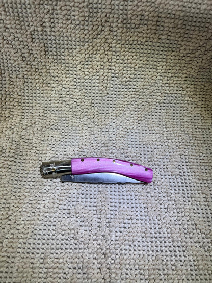 Coltello  pattadese con anima decorata lama 9,5 CM  impugnatura in kirinite rosa.