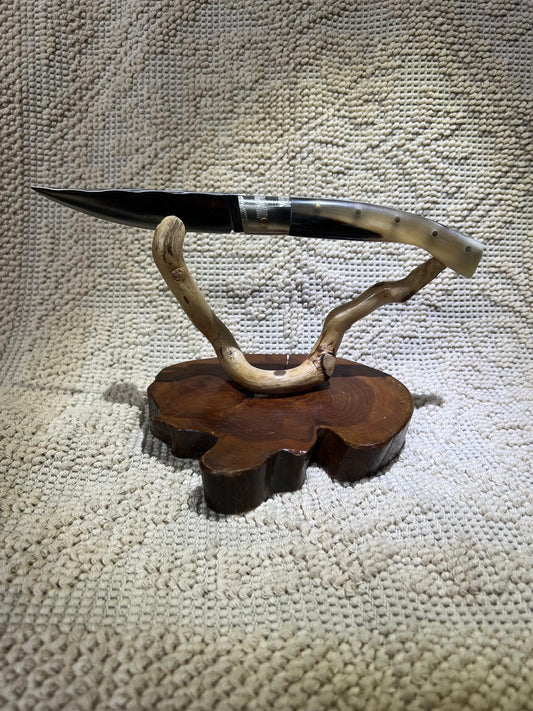 Coltello pattadese con anima, lama decorata 11 CM ,impugnatura in corno di montone striato.